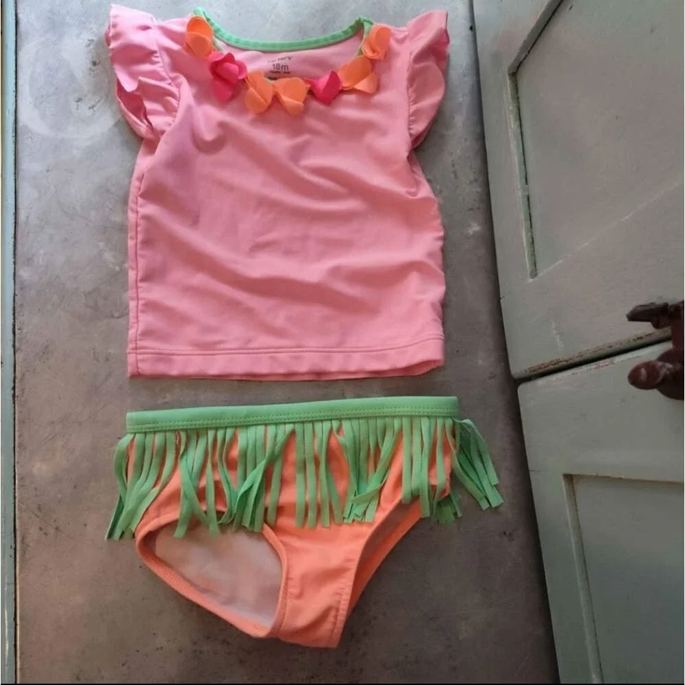 Carter's Pink Peach Green Floral Fringe 2pc Swimsuit Toddler size 18 months
